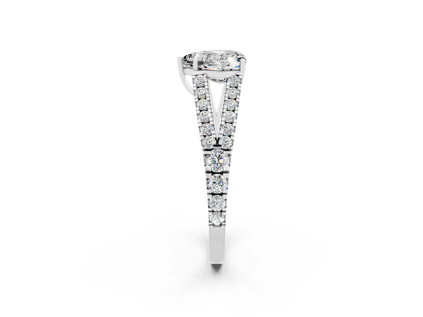 White gold Heart Cut Moissanite Split Shank Engagement Ring with Round Pavé and Prong Setting
