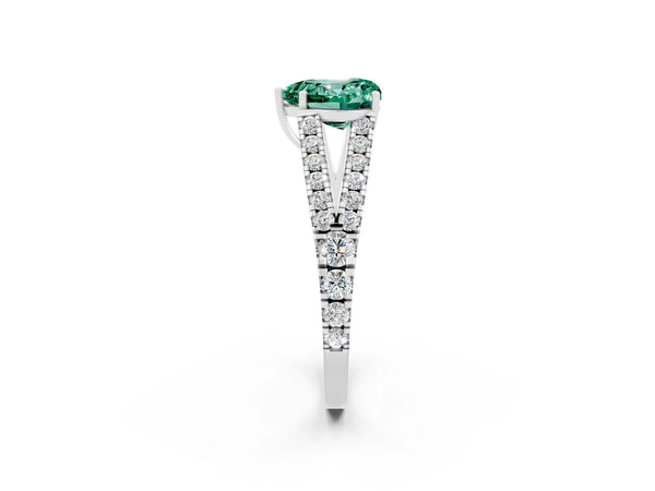 Platinum Heart Cut Green Sapphire Split Shank Engagement Ring with Round Pavé and Prong Setting