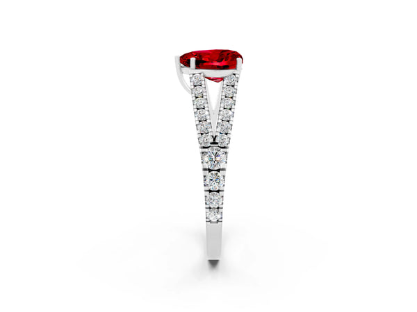 White gold Heart Cut Ruby Split Shank Engagement Ring with Round Pavé and Prong Setting