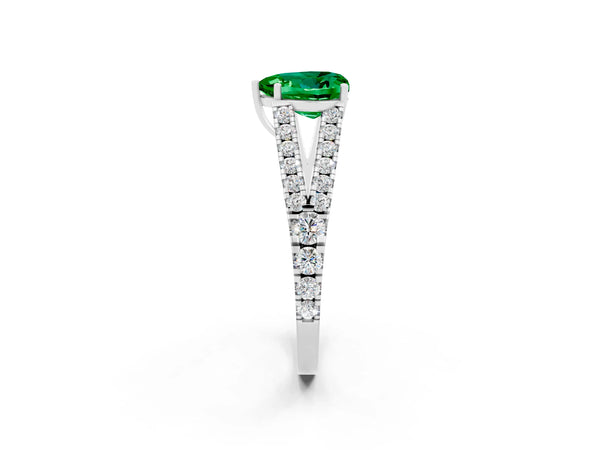 Silver Heart Cut Emerald Split Shank Engagement Ring with Round Pavé and Prong Setting