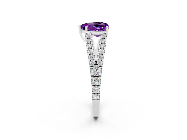 White gold Heart Cut Amethyst Split Shank Engagement Ring with Round Pavé and Prong Setting