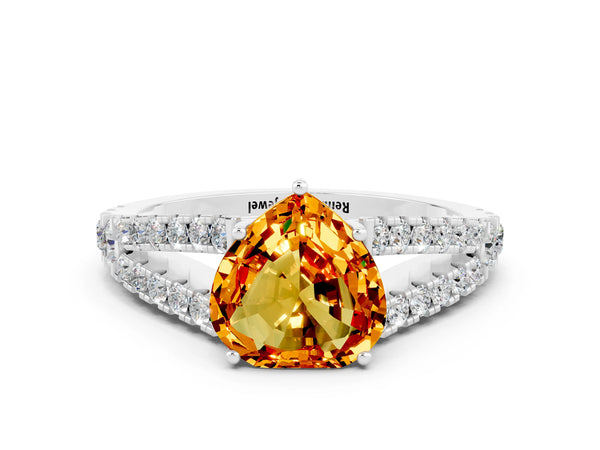 Silver Heart Cut Citrine Split Shank Engagement Ring with Round Pavé and Prong Setting