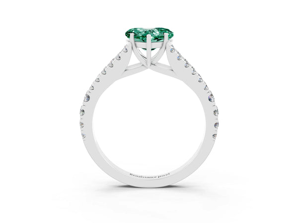 White gold Heart Cut Green Sapphire Split Shank Engagement Ring with Round Pavé and Prong Setting