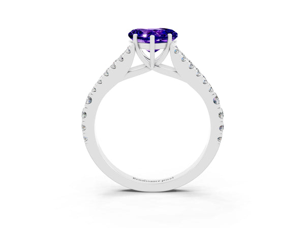 Silver Heart Cut Tanzanite Split Shank Engagement Ring with Round Pavé and Prong Setting