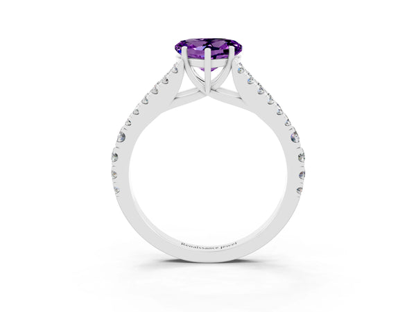 White gold Heart Cut Amethyst Split Shank Engagement Ring with Round Pavé and Prong Setting