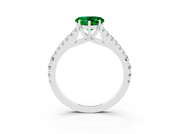 Platinum Heart Cut Emerald Split Shank Engagement Ring with Round Pavé and Prong Setting