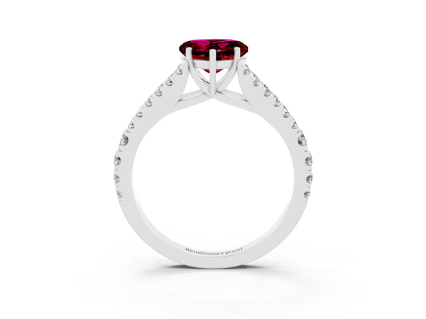 White gold Heart Cut Garnet Split Shank Engagement Ring with Round Pavé and Prong Setting