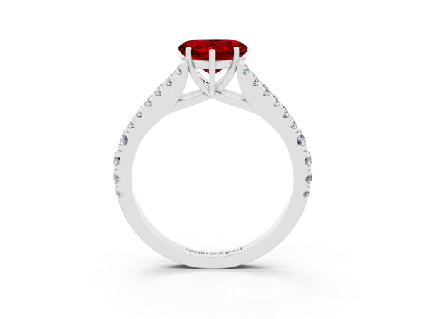 Silver Heart Cut Ruby Split Shank Engagement Ring with Round Pavé and Prong Setting