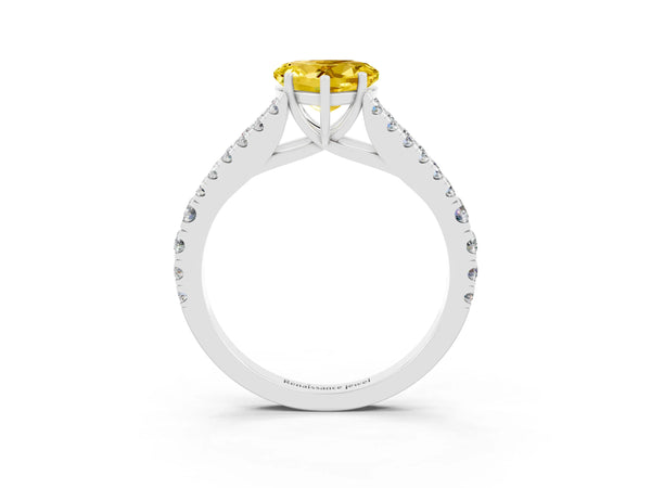 White gold Heart Cut Yellow Sapphire Split Shank Engagement Ring with Round Pavé and Prong Setting