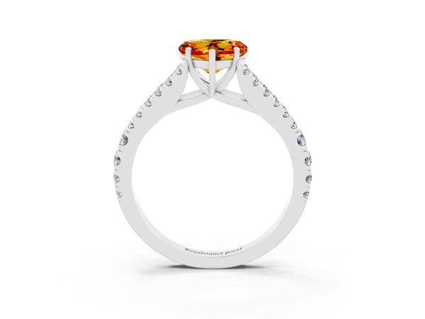 Platinum Heart Cut Citrine Split Shank Engagement Ring with Round Pavé and Prong Setting