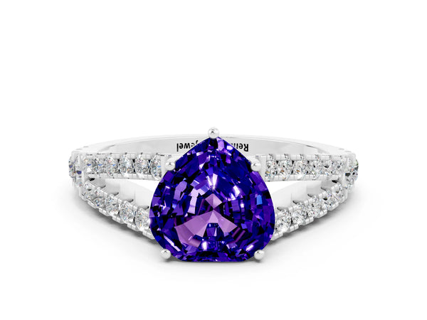 Silver Heart Cut Tanzanite Split Shank Engagement Ring with Round Pavé and Prong Setting