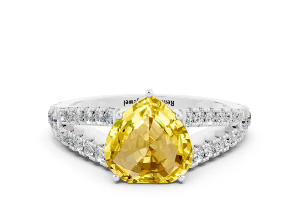 White gold Heart Cut Yellow Sapphire Split Shank Engagement Ring with Round Pavé and Prong Setting