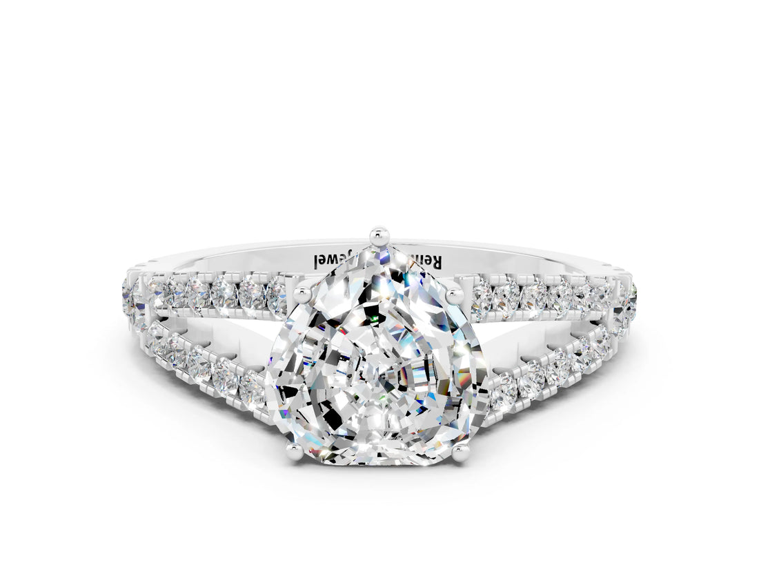 White gold Heart Cut Cut Split Shank Pave Diamond Engagement Ring with Four-Prong Setting