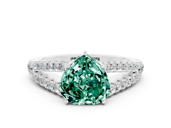 Silver Heart Cut Green Sapphire Split Shank Engagement Ring with Round Pavé and Prong Setting