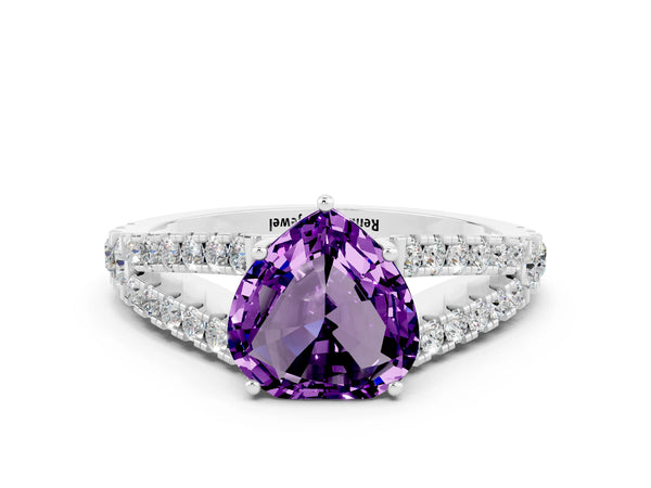 White gold Heart Cut Amethyst Split Shank Engagement Ring with Round Pavé and Prong Setting