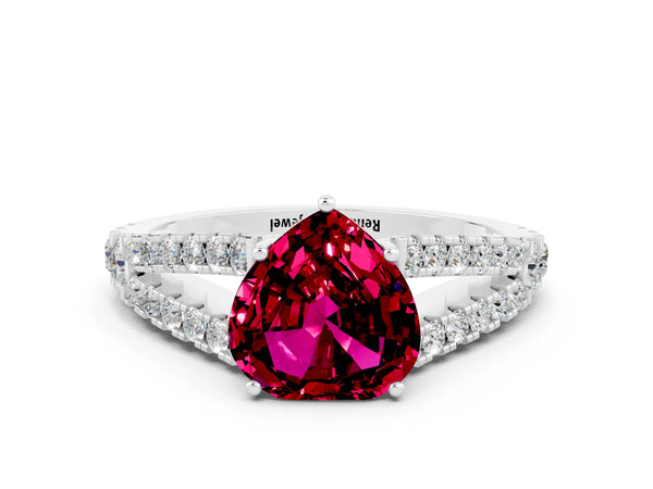 White gold Heart Cut Garnet Split Shank Engagement Ring with Round Pavé and Prong Setting