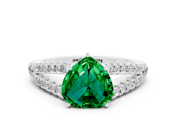 Silver Heart Cut Emerald Split Shank Engagement Ring with Round Pavé and Prong Setting