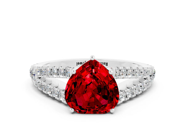 White gold Heart Cut Ruby Split Shank Engagement Ring with Round Pavé and Prong Setting