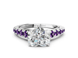 White gold Heart Cut Diamond Cathedral Solitaire Ring with Round with Amethyst side stone Pavé Band_12