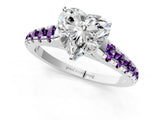 White gold Heart Cut Diamond Cathedral Solitaire Ring with Round with Amethyst side stone Pavé Band_13