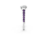 White gold Heart Cut Diamond Cathedral Solitaire Ring with Round with Amethyst side stone Pavé Band_14
