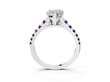 White gold Heart Cut Diamond Cathedral Solitaire Ring with Round with Amethyst side stone Pavé Band_15