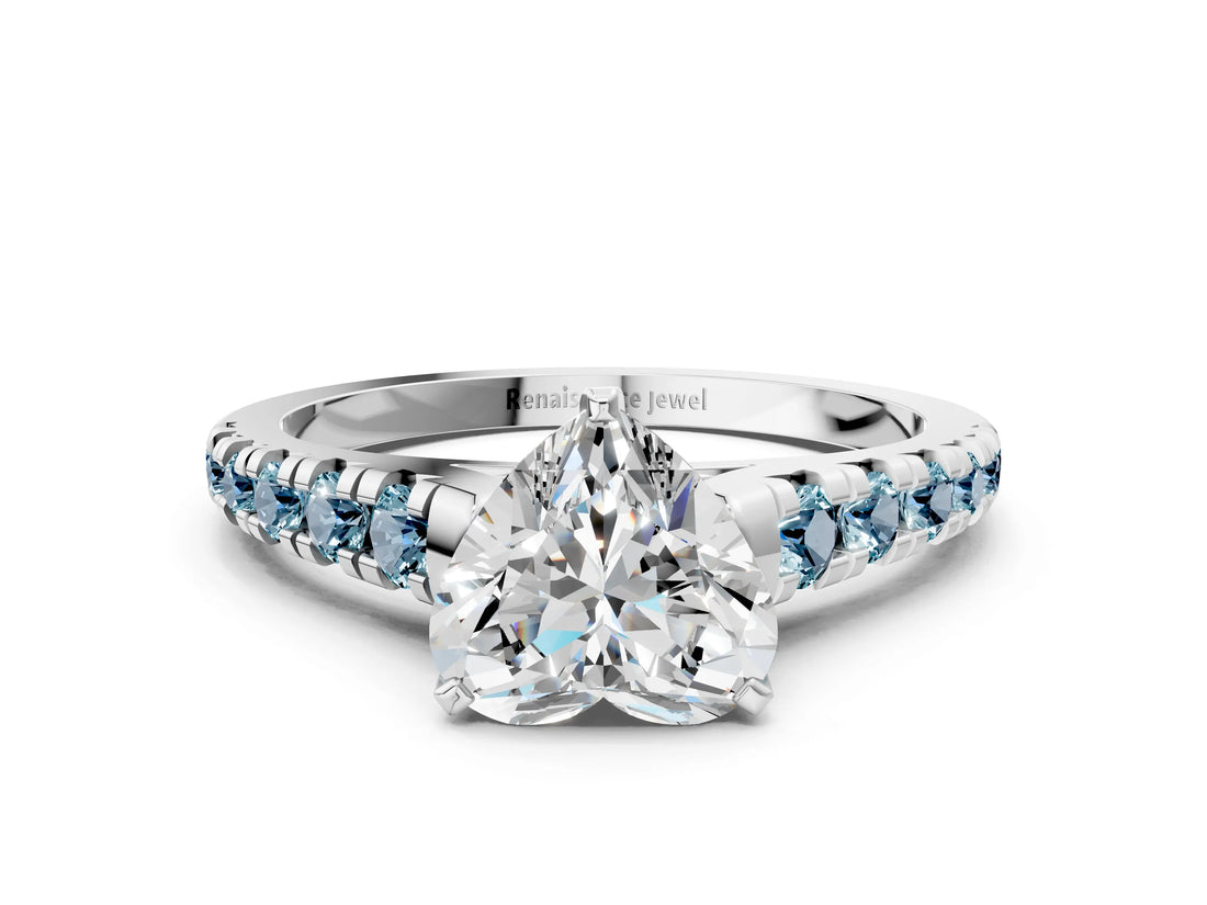 White gold Heart Cut Diamond Cathedral Solitaire Ring with Round with Aquamarine side stone Pavé Band_12