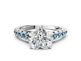 White gold Heart Cut Diamond Cathedral Solitaire Ring with Round with Aquamarine side stone Pavé Band_12