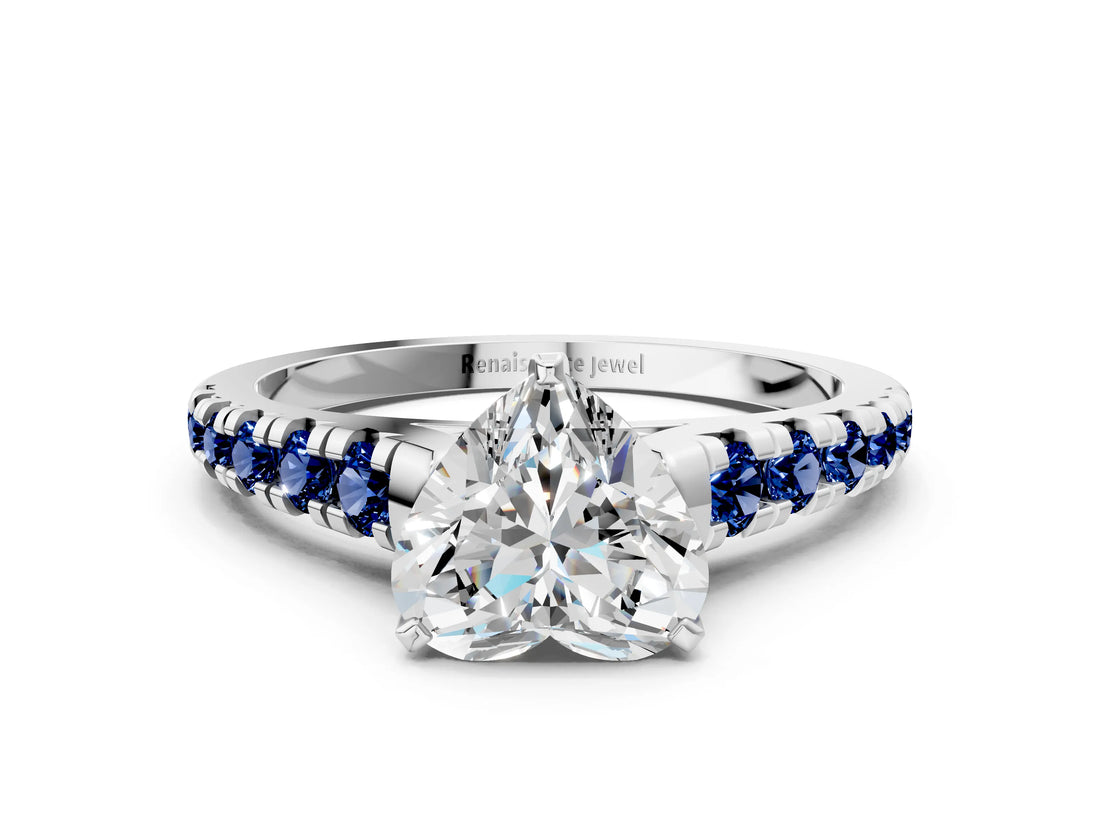 White gold Heart Cut Diamond Cathedral Solitaire Ring with Round with Blue Sapphire side stone Pavé Band_12