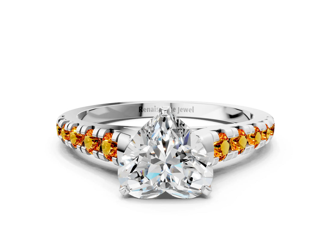 White gold Heart Cut Diamond Cathedral Solitaire Ring with Round with Citrine side stone Pavé Band_24