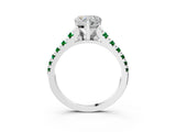 White gold Heart Cut Diamond Cathedral Solitaire Ring with Round with Emerald side stone Pavé Band_15