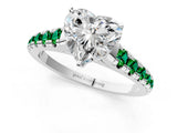 White gold Heart Cut Diamond Cathedral Solitaire Ring with Round with Emerald side stone Pavé Band_1
