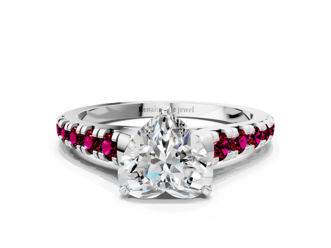 White gold Heart Cut Diamond Cathedral Solitaire Ring with Round with Garnet side stone Pavé Band_12