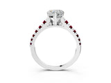 White gold Heart Cut Diamond Cathedral Solitaire Ring with Round with Garnet side stone Pavé Band_15