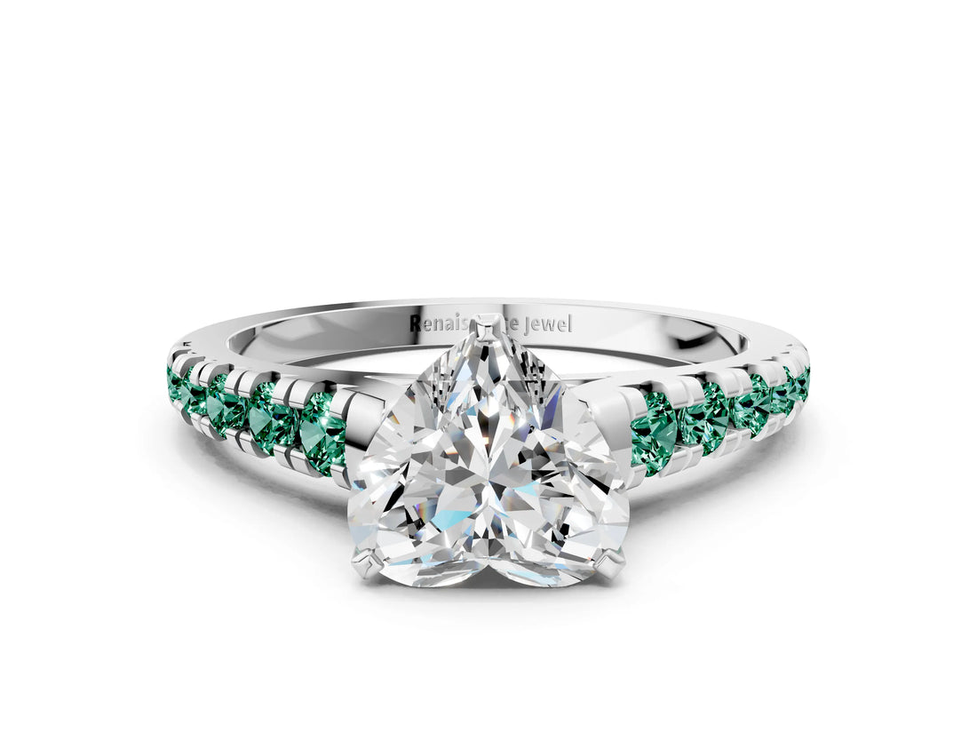 White gold Heart Cut Diamond Cathedral Solitaire Ring with Round with Green Sapphire side stone Pavé Band_12