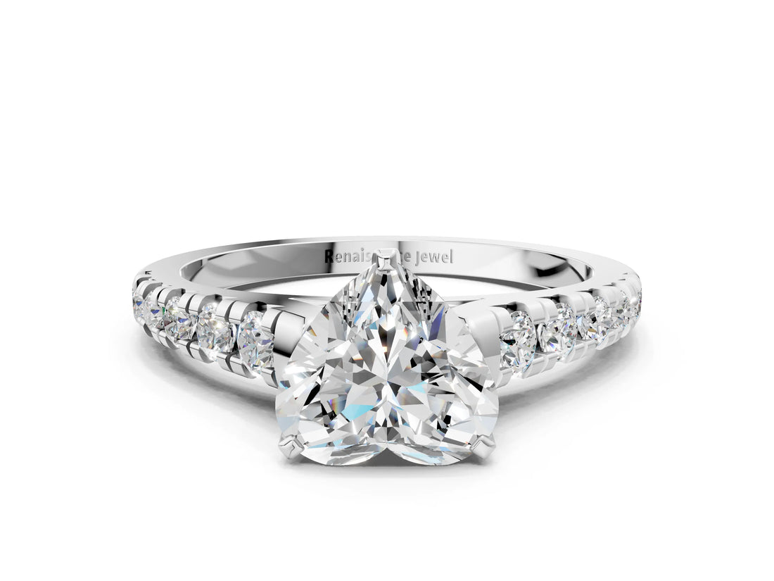 White gold Heart Cut Diamond Cathedral Solitaire Ring with Round with Moissanite side stone Pavé Band_12