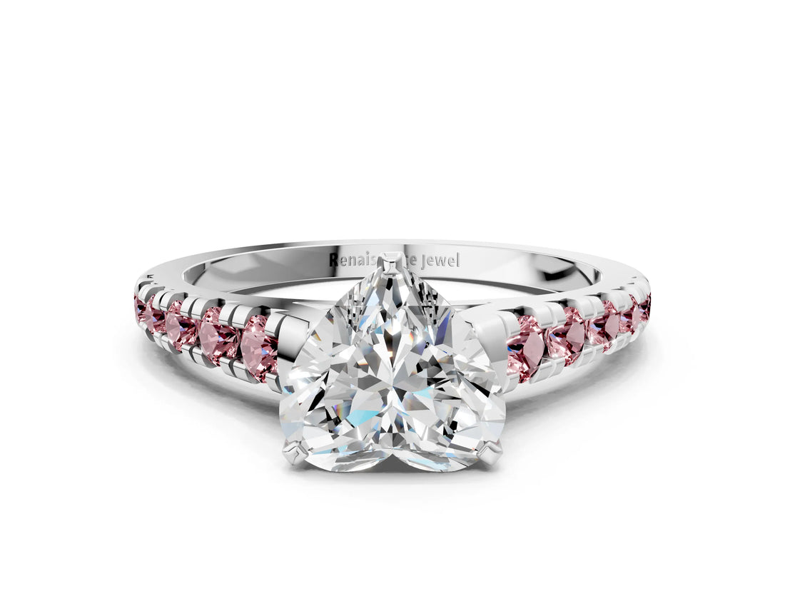 White gold Heart Cut Diamond Cathedral Solitaire Ring with Round with Morganite side stone Pavé Band_12