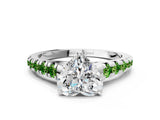 White gold Heart Cut Diamond Cathedral Solitaire Ring with Round with Peridot side stone Pavé Band