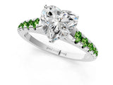 White gold Heart Cut Diamond Cathedral Solitaire Ring with Round with Peridot side stone Pavé Band_1