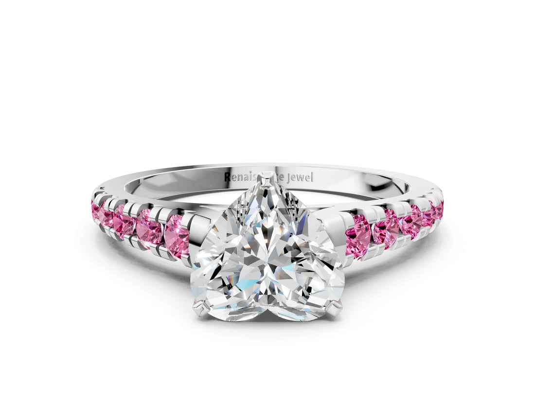 White gold Heart Cut Diamond Cathedral Solitaire Ring with Round with Pink Sapphire side stone Pavé Band_12
