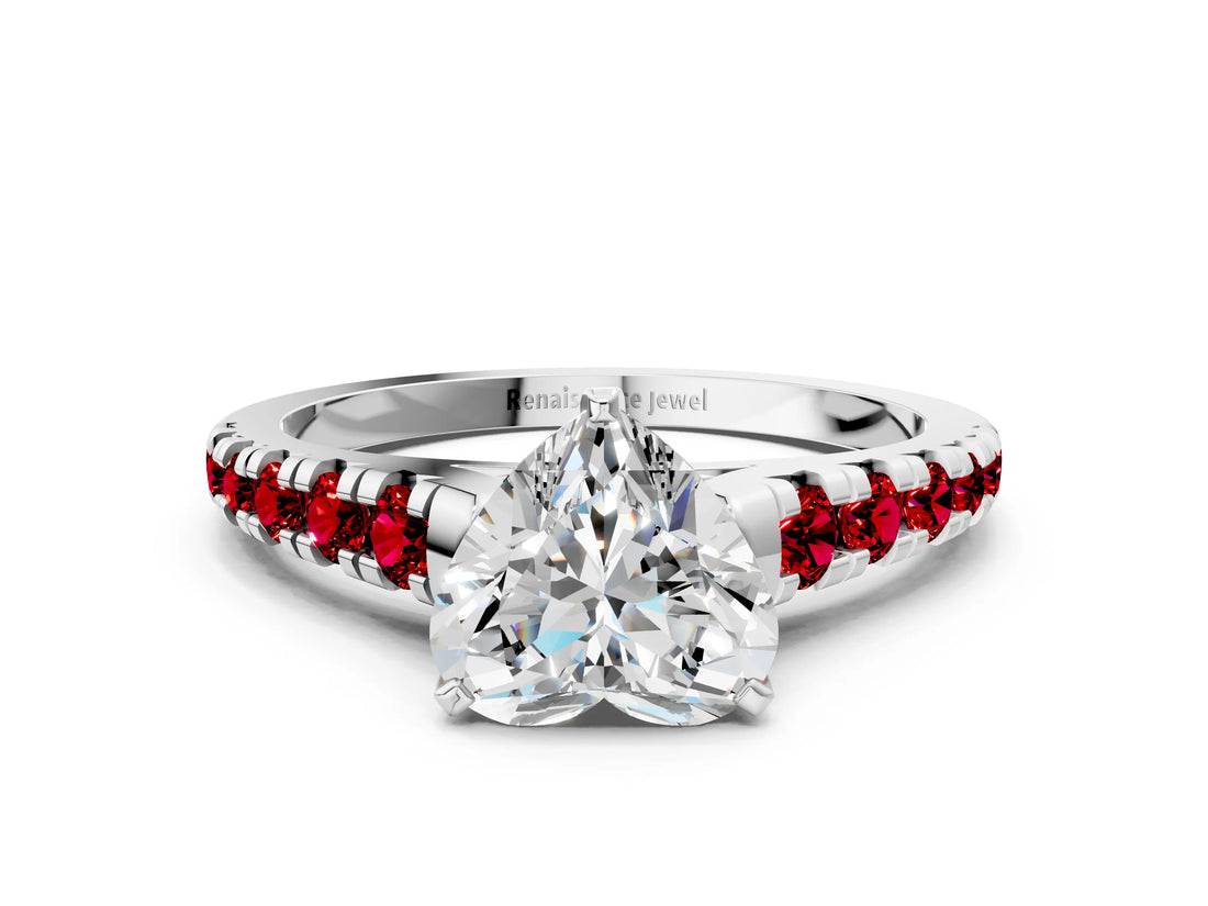 White gold Heart Cut Diamond Cathedral Solitaire Ring with Round with Ruby side stone Pavé Band_12