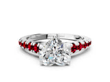 White gold Heart Cut Diamond Cathedral Solitaire Ring with Round with Ruby side stone Pavé Band_12