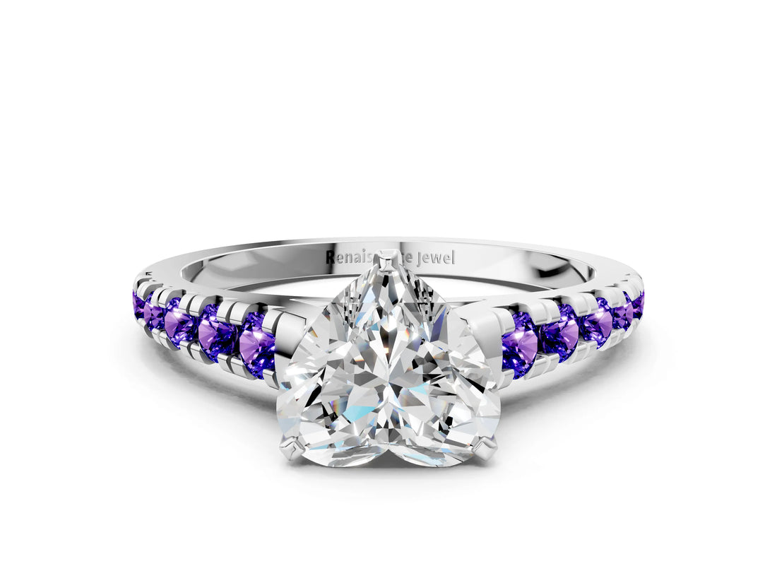 White gold Heart Cut Diamond Cathedral Solitaire Ring with Round with Tanzanite side stone Pavé Band_12