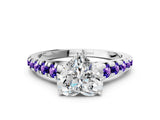 White gold Heart Cut Diamond Cathedral Solitaire Ring with Round with Tanzanite side stone Pavé Band_12