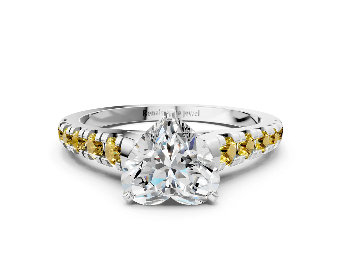 White gold Heart Cut Diamond Cathedral Solitaire Ring with Round with Yellow Sapphire side stone Pavé Band_36