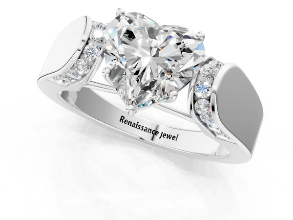White Gold Heart-Shaped Channel Set Engagement Ring Setting with Accented Shoulders on Wide Band