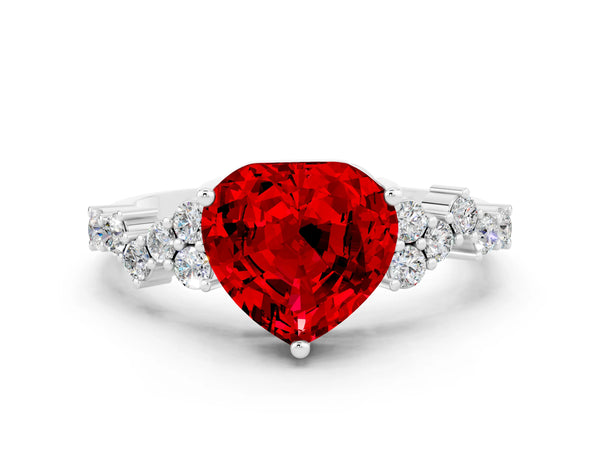 White gold Heart Cut Ruby Scattered Round Accent Ring with Prong Setting