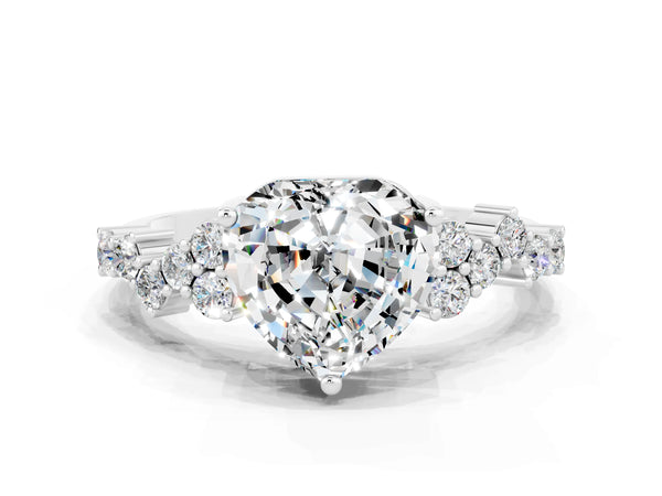 White gold Heart Cut Moissanite Scattered Round Accent Ring with Prong Setting