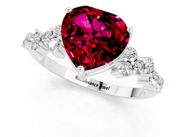 Platinum Heart Cut Garnet Scattered Round Accent Ring with Prong Setting
