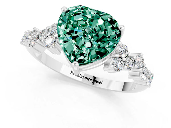 Platinum Heart Cut Green Sapphire Scattered Round Accent Ring with Prong Setting
